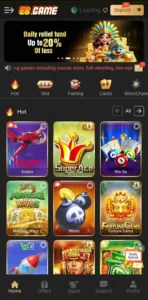 Mobile screen showing E8 Game app features like rewards, games, and wallet options