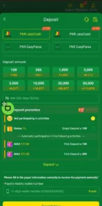 Deposit section of 2A game showing JazzCash, Easypaisa, and bank transfer methods