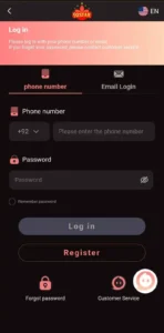 User login page of 92 Star Game app with username and password fields