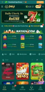 Screenshot showing the main interface of Naya24 Game app with multiple game options
