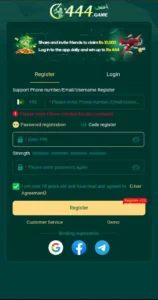 C444 Game login page with secure access options